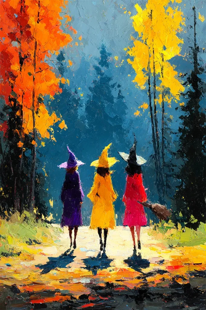 Three witches in vibrant purple, yellow, and red cloaks walk down a path in an autumnal forest.  The trees blaze with orange and yellow leaves, contrasting against a dark blue sky.  The painting is done in a bold, impressionistic style with visible brushstrokes, creating a sense of movement and energy.  One witch carries a broom. The scene evokes a whimsical and slightly spooky atmosphere.