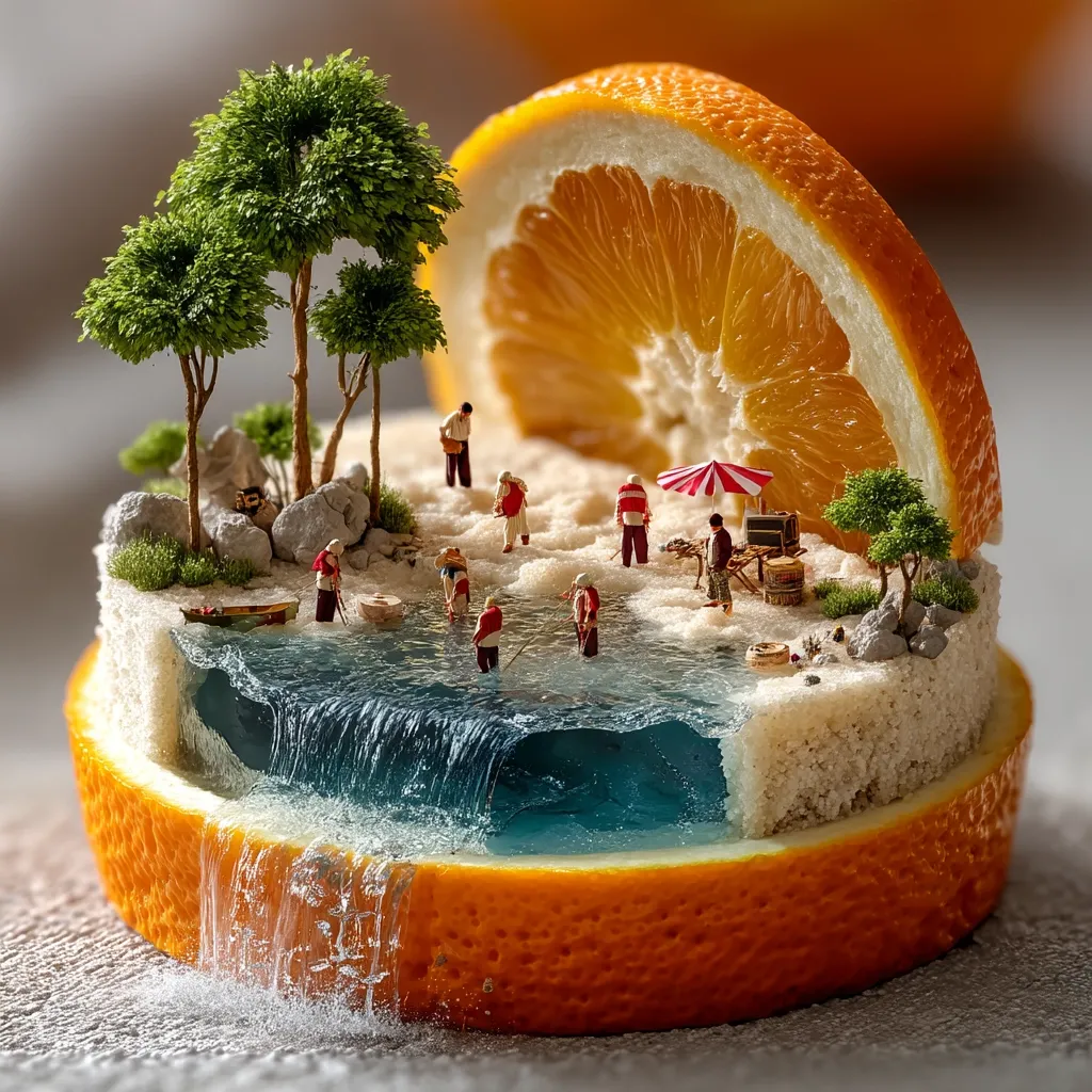 A miniature scene is nestled within a vibrant orange half.  Tiny figures engage in various activities—fishing in a cascading waterfall, relaxing under a parasol, and tending to a small village. Lush miniature trees and rocks complete the idyllic landscape, creating a whimsical and detailed diorama. The contrast between the bright citrus and the miniature world is striking.