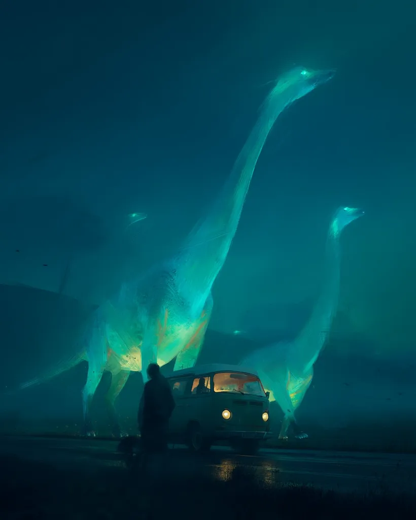 A surreal nighttime scene depicts a vintage van parked on a wet road, dwarfed by two luminous, serpentine creatures resembling dinosaurs.  Their ethereal, teal glow illuminates the dark, misty surroundings.  A lone figure stands near the van, silhouetted against the otherworldly spectacle.  The overall atmosphere is mysterious and dreamlike.