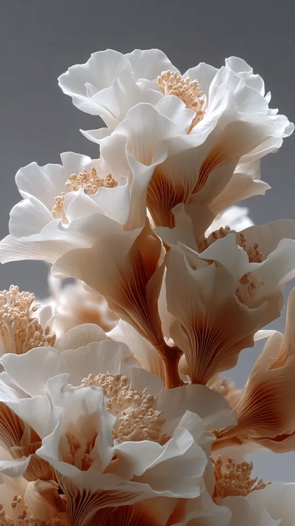 Close-up of delicate, creamy-white flowers with intricate, layered petals. The blossoms exhibit a soft, almost translucent quality, with subtle peach-toned undertones near the center and stem. The image creates a serene and ethereal mood, highlighting the beauty and fragility of the floral arrangement.  The lighting emphasizes the texture and form of the petals.