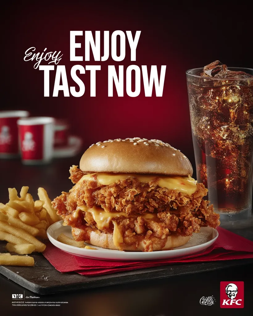 A mouthwatering KFC advertisement features a double-decker chicken burger overflowing with melted cheese.  Crispy fries and a glass of cola sit alongside. The text "Enjoy Taste Now" urges immediate indulgence.  The image is set against a rich, dark red background, highlighting the golden-brown burger and emphasizing the brand's logo.