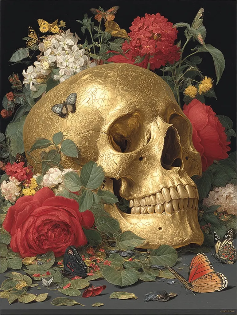 A gold-leaf skull rests amidst a vibrant still life of flowers and butterflies.  Red roses, white blossoms, and other blooms encircle the skull, creating a striking contrast between life and death.  Several butterflies, in various colors and species, flutter around the arrangement, adding to the detailed and symbolic composition. The dark background emphasizes the richness of the colors and textures.