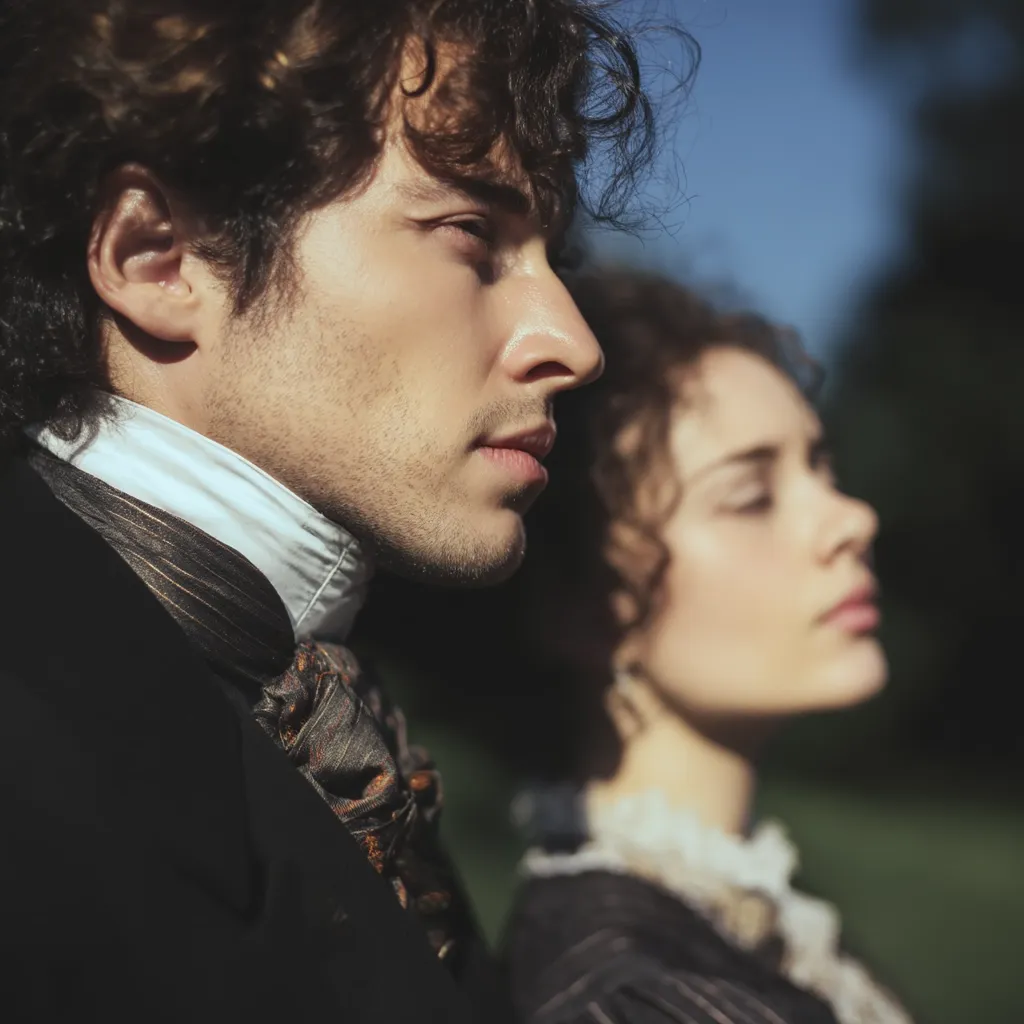 A profile view of a handsome man in period clothing, his dark curls catching the sunlight.  He is positioned slightly in front of a woman with dark, curly hair, her eyes closed serenely.  Both are dressed in elegant, dark attire reminiscent of the Regency era.  The background is softly blurred, focusing attention on the couple.  The scene evokes a feeling of romance and timeless elegance.