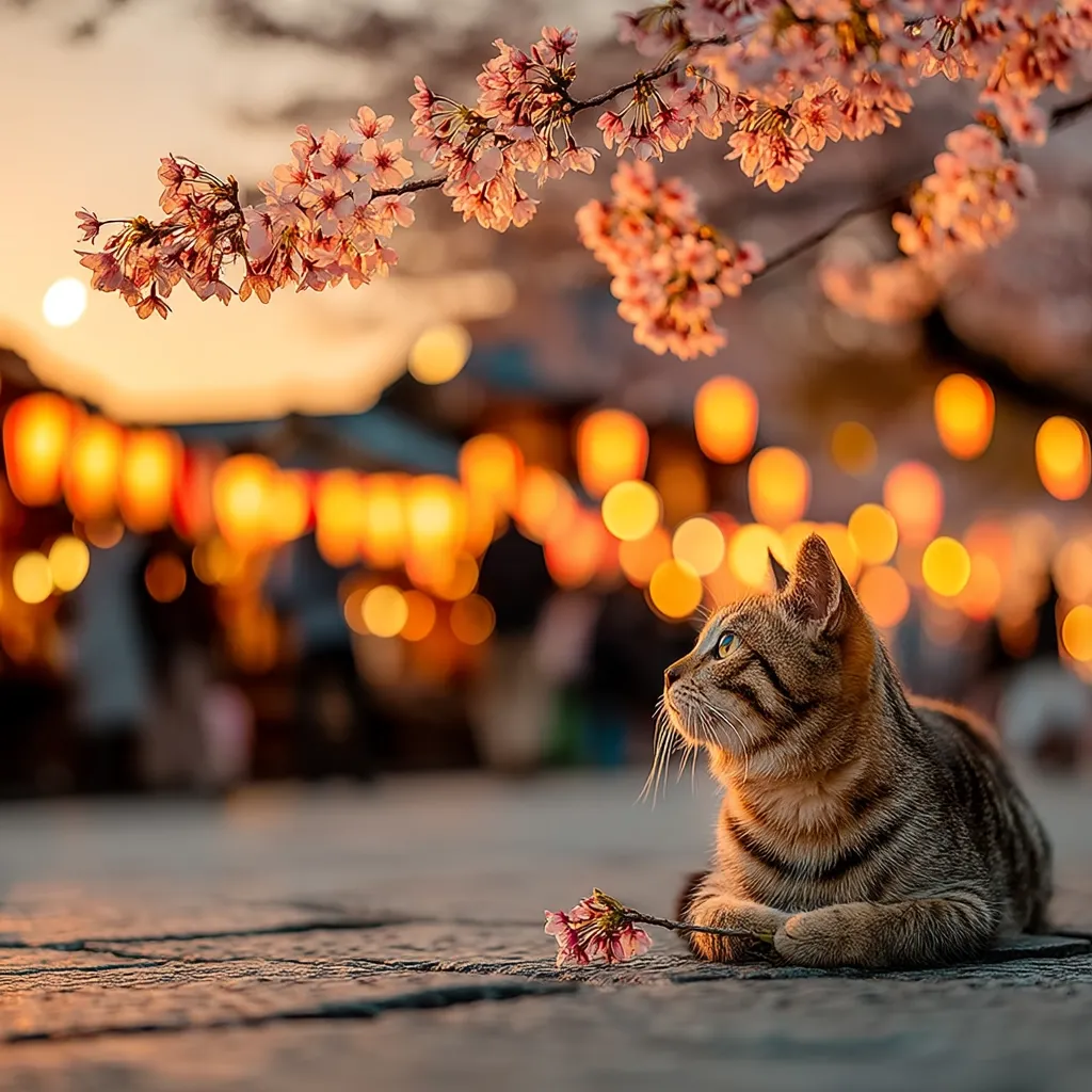 A tabby cat sits on a stone path, gazing towards a softly blurred background of cherry blossoms and warm, golden lights.  The scene evokes a serene, tranquil evening in a possibly Japanese setting.  A single pink blossom lies near the cat, adding to the peaceful atmosphere. The sunset casts a warm glow over the entire scene.