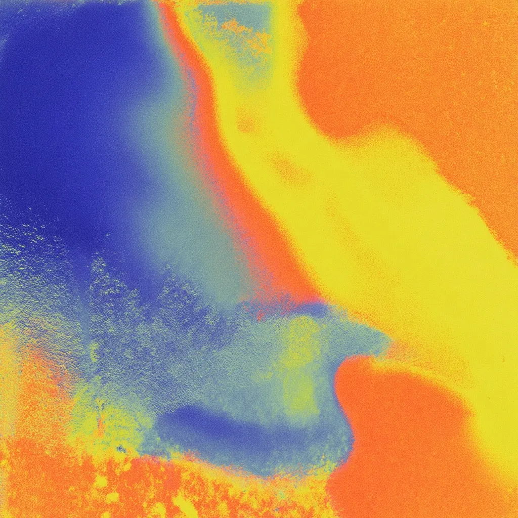 An abstract image dominated by vibrant, swirling colors.  Cool blues and greens blend into warm oranges and yellows, creating a dynamic, almost fluid effect. The texture is grainy, adding a sense of depth and movement to the interplay of hues.  The overall impression is one of energy and abstract expressionism.