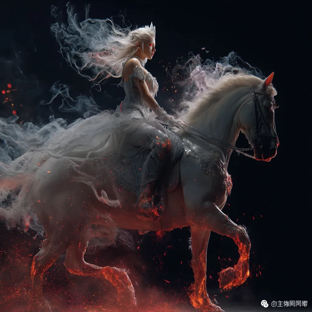 A regal woman with flowing platinum blonde hair, adorned in a white gown and crown, rides a majestic white horse.  The horse's legs and the surrounding air appear to be engulfed in fiery embers, creating a dramatic and ethereal effect. The scene is dark and moody, emphasizing the fantastical elements of the image.  The overall impression is one of magical power and grace.
