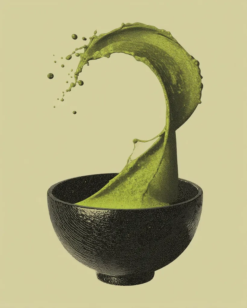 A stylized image depicts a vibrant green liquid, possibly matcha, splashing into a dark bowl. The liquid forms a graceful arc, with droplets suspended in mid-air. The bowl is dark and textured, providing a contrast to the bright green. The overall aesthetic is clean and modern, suggesting a focus on the visual appeal of the beverage.  The background is a muted, light beige.