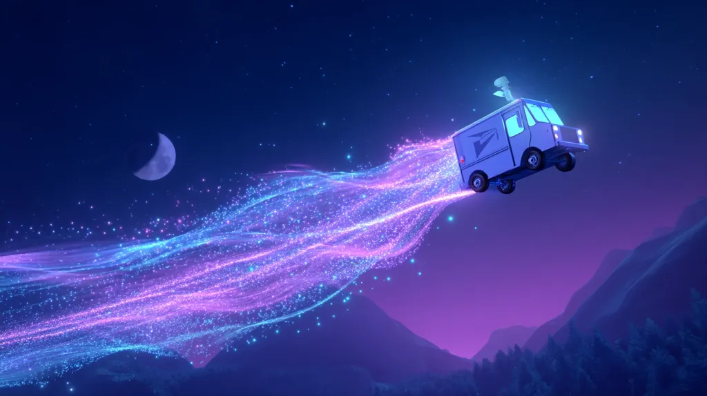 A USPS mail truck soars through a night sky, leaving a shimmering trail of pink and blue stardust.  A crescent moon hangs in the distance above a silhouetted mountain range and forest. The scene is surreal and fantastical, suggesting magical mail delivery. The overall color palette is a dreamy blend of purples and blues.