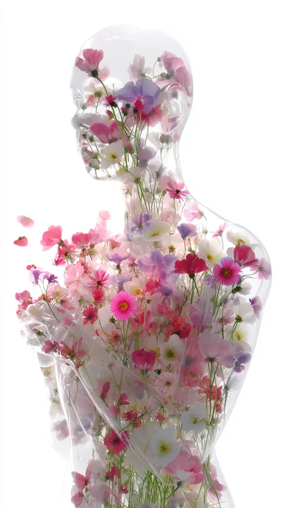 A transparent human-shaped sculpture is filled with a profusion of delicate pink, purple, and white flowers.  The blossoms, seemingly suspended within the form, create a visually stunning effect, suggesting fragility and the ephemeral nature of beauty.  The image is clean and bright, with a white background emphasizing the floral details.  The overall impression is one of ethereal grace and natural elegance.
