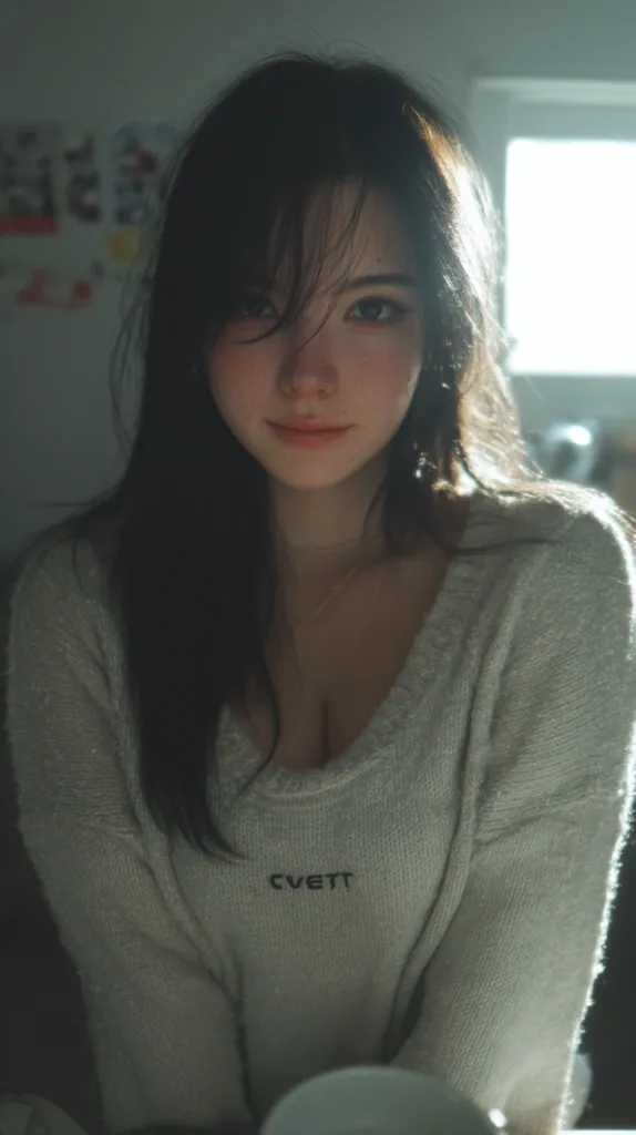A young woman with long, dark hair that partially obscures her face sits and gazes directly at the camera. She's wearing a light beige, loosely knit sweater with a small, indistinct logo on the chest. The setting appears to be indoors, with soft, natural light illuminating her features.  Her expression is serene and slightly pensive.