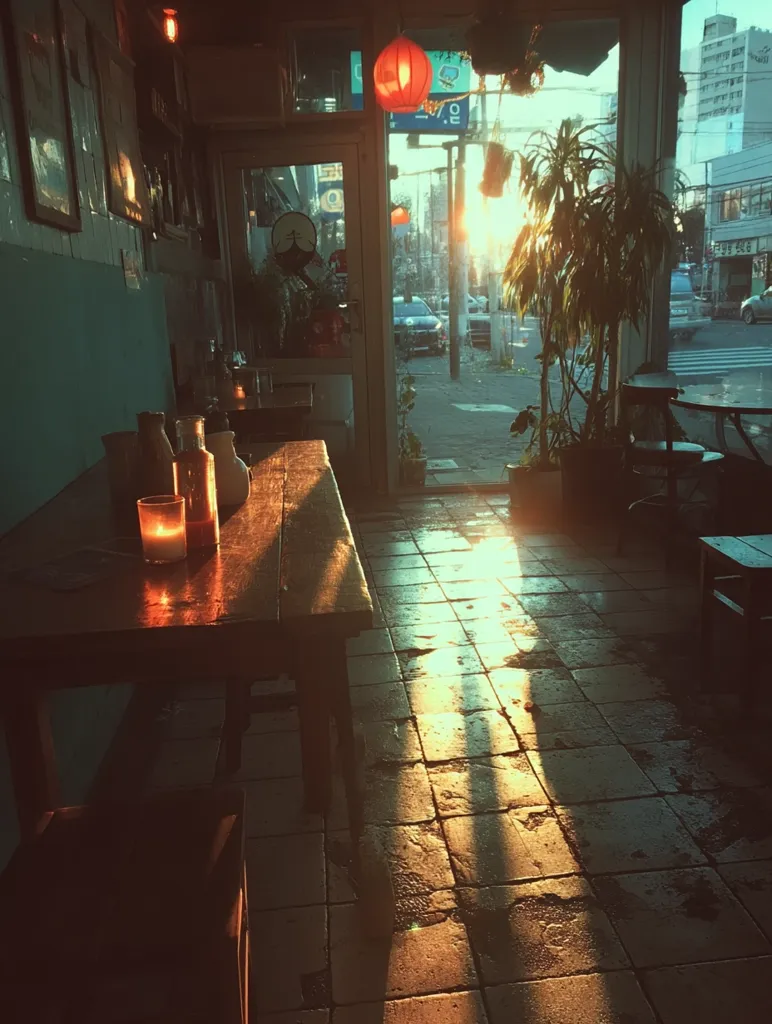 Warm sunset light streams through a cafe's large window, illuminating a wooden table set with candles and bottles.  The interior is dimly lit, with a teal wall and potted plants adding to the cozy atmosphere.  Outside, a street scene is visible, cars parked along the roadside. The overall mood is peaceful and inviting.