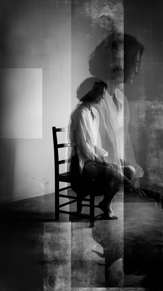 A monochromatic, layered photograph depicts a woman seated on a simple wooden chair.  Her posture is slumped, suggesting contemplation or weariness.  The image utilizes a double exposure effect, creating a ghostly, ethereal quality with translucent overlapping figures.  The background is textured, adding to the melancholic and somewhat mysterious atmosphere. The overall composition evokes feelings of solitude and introspection.