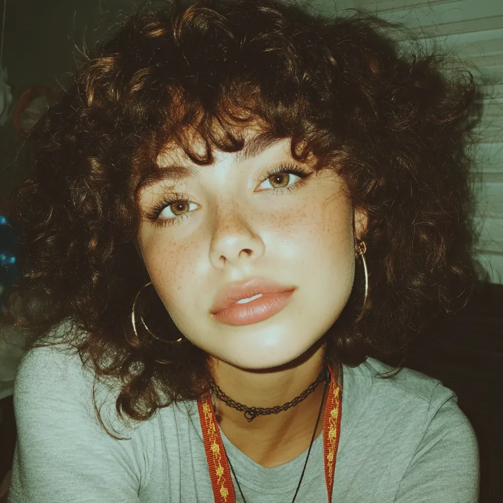 Close-up of a young woman with curly brown hair styled with curtain bangs.  She has light skin, freckles, and green eyes.  She wears gold hoop earrings, a black choker, and a red lanyard.  The image has a vintage or filtered effect.  Her expression is calm and direct.