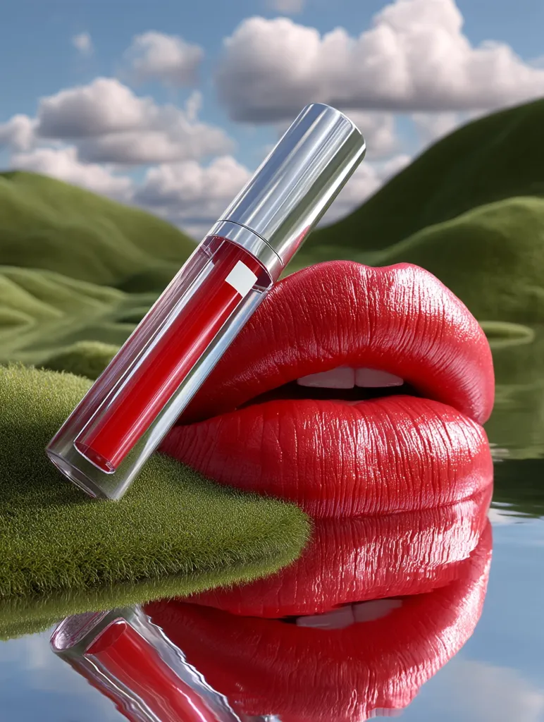 A tube of vibrant red lip gloss with a silver cap rests on a patch of green moss.  A pair of full, luscious red lips are positioned beside it, reflecting in the still water below. The idyllic background features rolling green hills under a partly cloudy blue sky.  The overall image evokes a feeling of natural beauty and cosmetic allure.