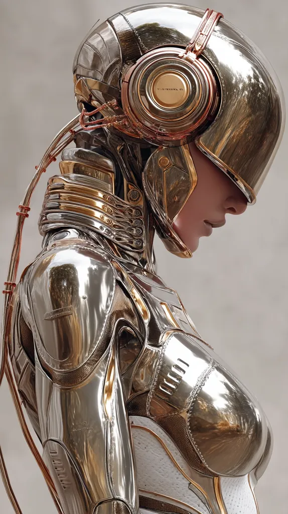 A highly polished chrome and gold female robot is depicted in profile.  The intricate design features a helmet with integrated headphones, revealing a subtly feminine face.  The robot's body armor is detailed with segmented plating and gold accents, suggesting advanced technology and a sleek, futuristic aesthetic. The overall impression is one of elegance and technological sophistication.