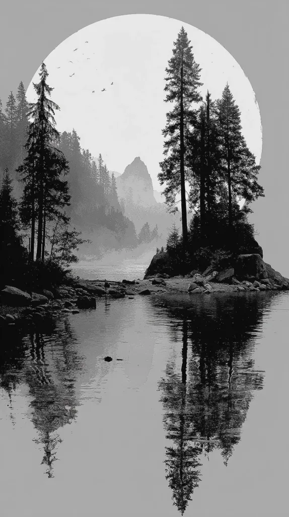 A grayscale image depicts a serene lakeside scene.  Silhouetted evergreens stand on a small island, their reflection mirrored perfectly in the calm water.  A large, pale circle, suggesting a moon or sun, dominates the background sky above a misty mountain range. The overall mood is peaceful and tranquil, evoking a sense of solitude and natural beauty.