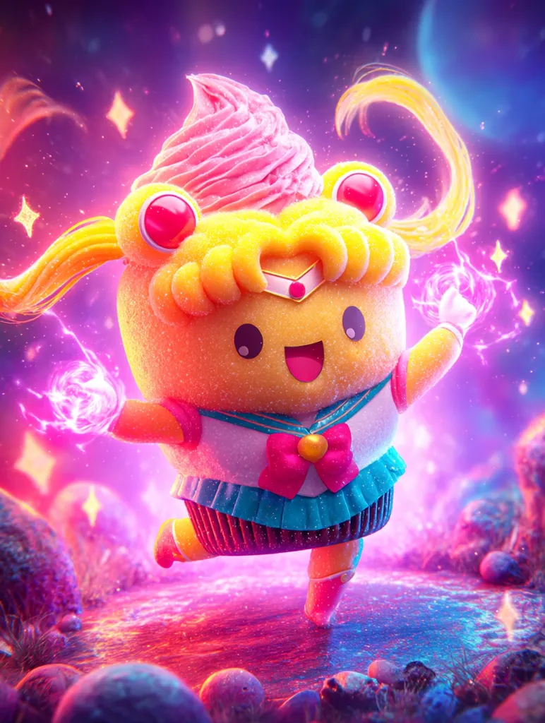 A cute cupcake character, styled like Sailor Moon, leaps across a vibrant, cosmic landscape.  Pink frosting forms its hair, and it's adorned with a sailor uniform.  Magical, glowing purple energy emanates from its hands. The background features a nebula-like sky and glowing rocks, enhancing the whimsical, magical atmosphere.  The overall style is bright, playful, and digitally rendered.