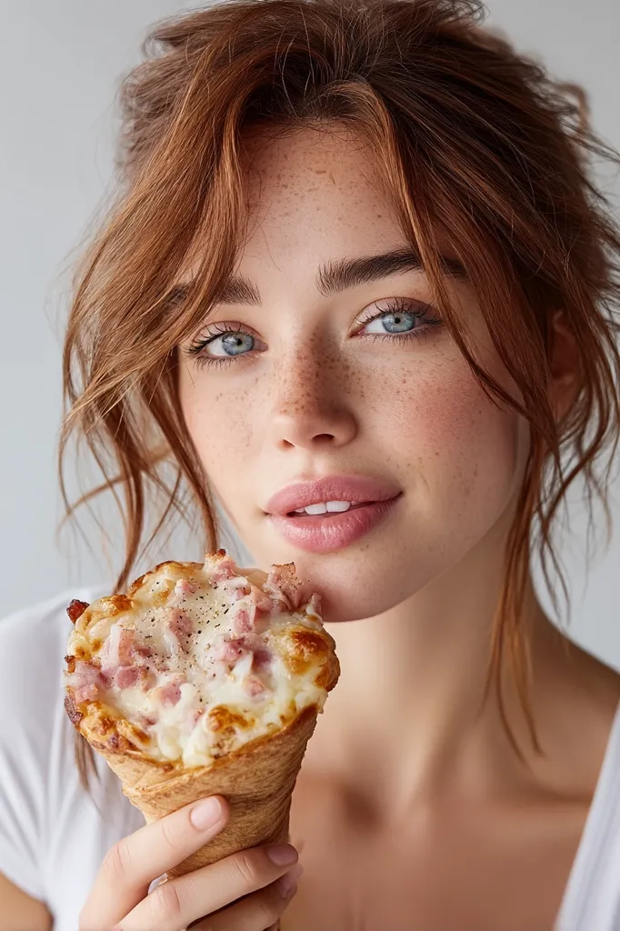 A young woman with vibrant red hair and freckles holds a pizza cone.  Her light blue eyes and softly flushed complexion are striking.  She's wearing a simple white top and appears to be enjoying her snack.  The image focuses on her beauty and the appealing pizza cone, creating a visually pleasing contrast.