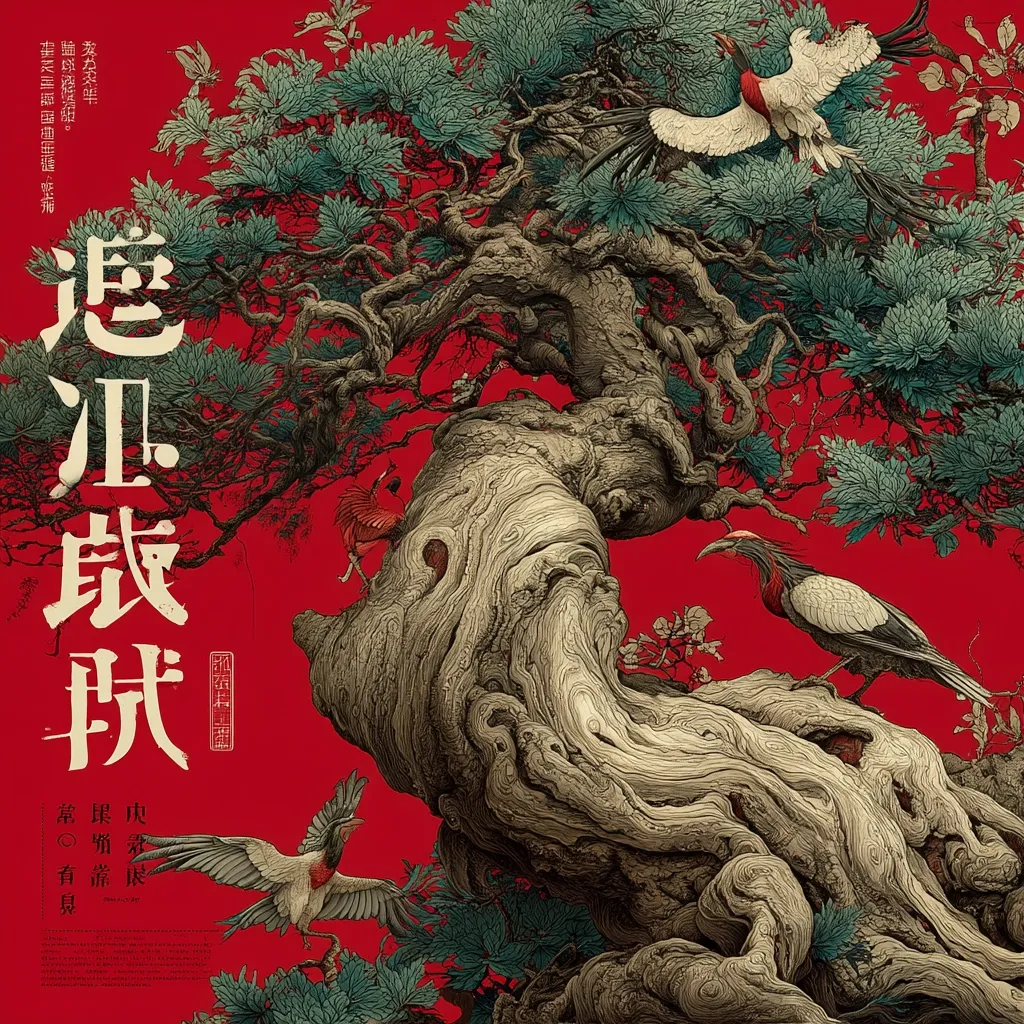 A striking poster features a detailed illustration of an ancient, gnarled tree against a vibrant red backdrop.  Various birds, rendered in exquisite detail, perch on its branches and trunk.  The style is reminiscent of traditional East Asian art, with meticulous linework and a focus on natural forms.  Chinese characters are prominently displayed, likely the title or related text.  The overall effect is one of both beauty and age.