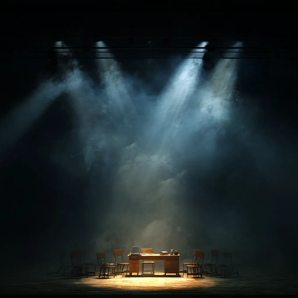 A dimly lit stage is set with a wooden desk and chairs, bathed in three spotlights.  The atmosphere is dark and mysterious, enhanced by atmospheric haze. The desk is simply arranged with a laptop and other items. The overall impression is one of quiet intensity and anticipation, suggestive of a dramatic scene.