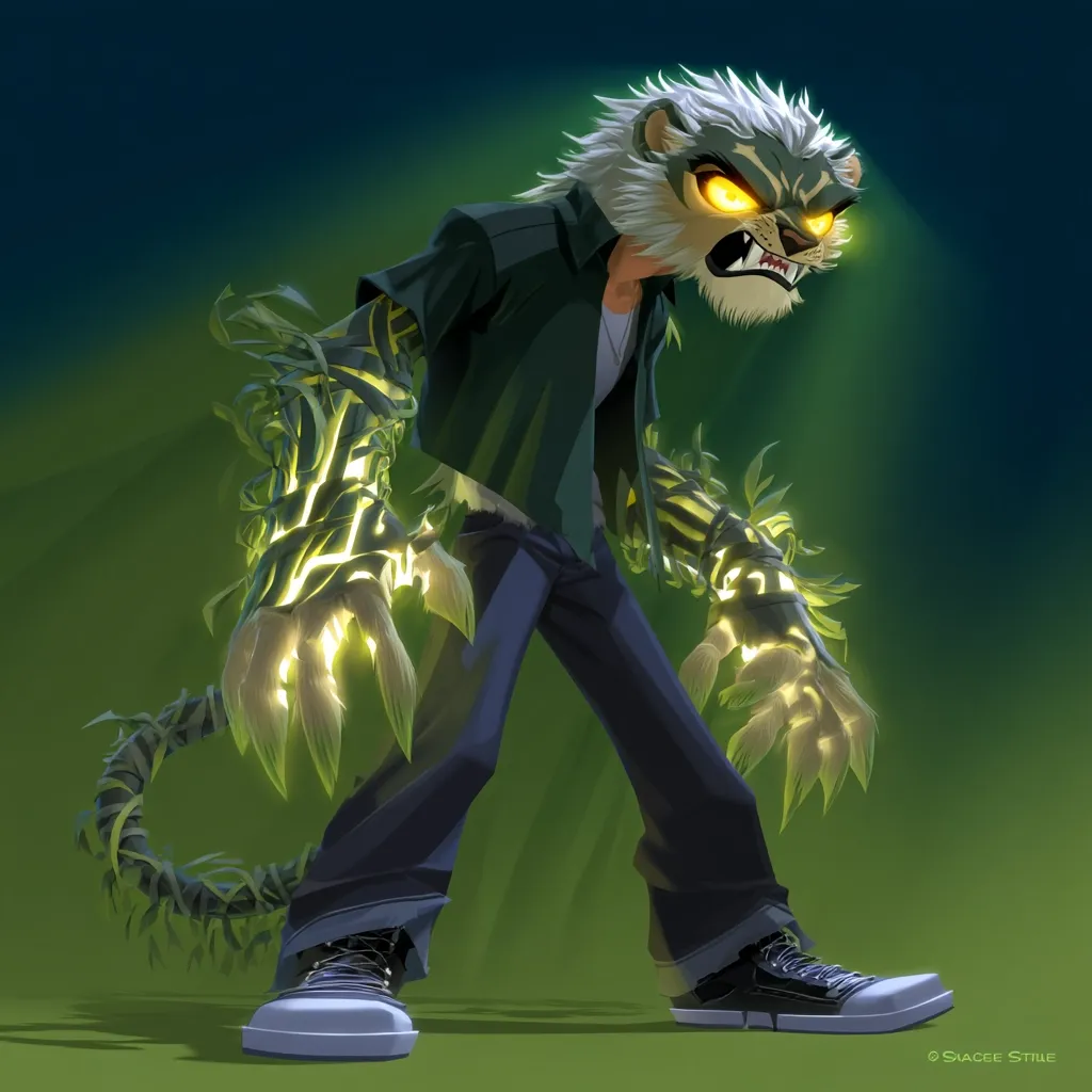 A stylized anthropomorphic character, possibly a teenager, with a lion-like head and glowing, plant-like arms. The character wears casual clothing: dark-colored pants and a jacket, and canvas sneakers. Its tail is also composed of the same glowing plant material as its arms, suggesting a possible transformation or power. The overall style is vibrant and cartoonish, with a focus on dynamic posing and glowing elements. The green background enhances the character's vibrant features.