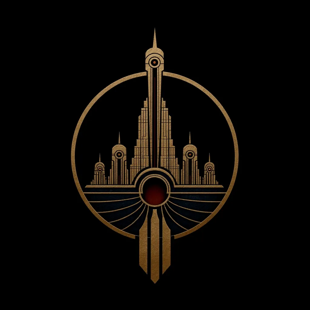 A stylized Art Deco city skyline is depicted within a circular frame, rendered in gold against a black background.  A central, tall skyscraper dominates, flanked by smaller buildings.  The design incorporates geometric shapes and linear patterns, evoking a sense of elegance and grandeur, reminiscent of 1920s architecture. The overall aesthetic is sleek and sophisticated.