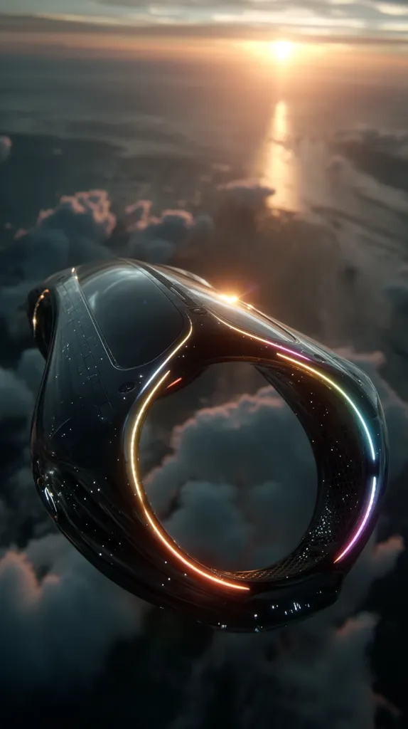 A sleek, futuristic aircraft, possibly a personal transport or spaceship, soars through a cloudy sky at sunset.  Its dark, glossy surface is accented by a glowing, multicolored ring encircling the craft. The sun casts a warm glow on the clouds below, creating a dramatic backdrop for the vehicle's flight. The design is smooth and organic, suggesting advanced technology.