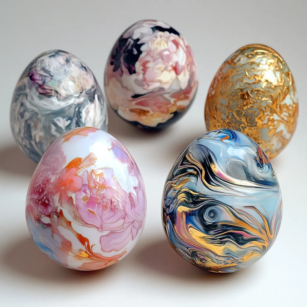 Five decorative eggs are arranged on a white surface. Each egg features a unique design; one showcases a dark background with pink peonies, another displays swirling gray and white marble with gold accents, and a third is adorned with a light base and pink floral patterns.  The remaining two eggs are painted with blue, gray, and gold swirling patterns.  The eggs are glossy and appear to be made of glass or a similar material.