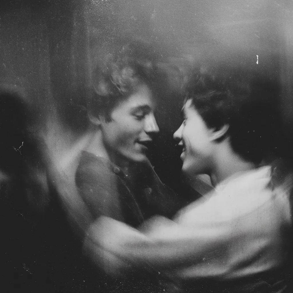 A black and white, blurry photo depicts two people embracing.  Their faces are close, suggesting intimacy.  The image is softly focused, with a grainy texture, giving it a vintage or dreamlike quality. The overall mood is romantic and tender, heightened by the dark background. The photo appears to be an old photograph, possibly a historical one.