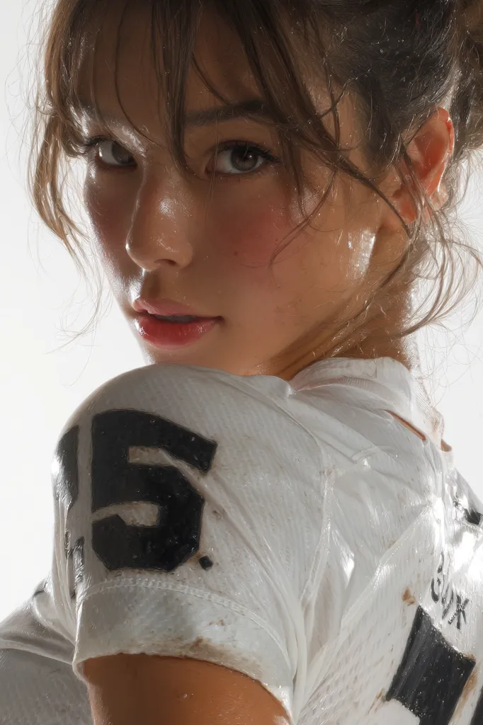 The image shows a young woman with light brown hair pulled back in a messy bun, gazing over her shoulder. Her skin appears damp, perhaps with sweat, giving it a dewy sheen. She's wearing a white jersey with the number '15' prominently displayed on the sleeve. The jersey has a worn, slightly distressed look. The lighting is bright and highlights the contours of her face and the texture of the fabric, creating an almost hyperrealistic effect.