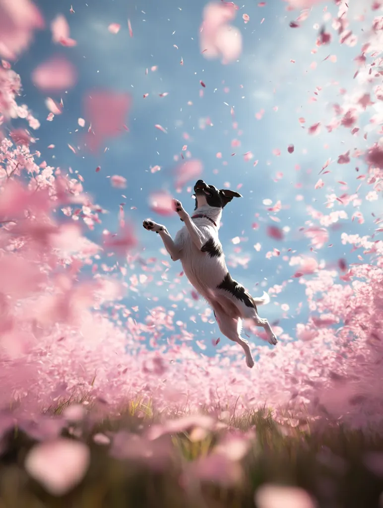 A black and white dog joyfully leaps through the air amidst a shower of falling pink petals.  The dog appears ecstatic, its body stretched in mid-jump.  Surrounding it is a field of blooming pink flowers, creating a vibrant and whimsical scene. The sky is a clear blue, enhancing the overall dreamlike quality of the image.