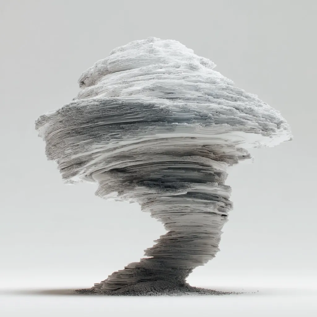 A stylized 3D rendering of a tornado.  The structure is composed of layered, horizontal lines, creating a sense of motion and swirling energy.  The color palette is monochromatic, ranging from light gray to white, giving it a clean, almost abstract appearance against a plain white background. The base is slightly textured, adding depth to the overall form. The image evokes a powerful, yet artistic representation of a natural phenomenon.
