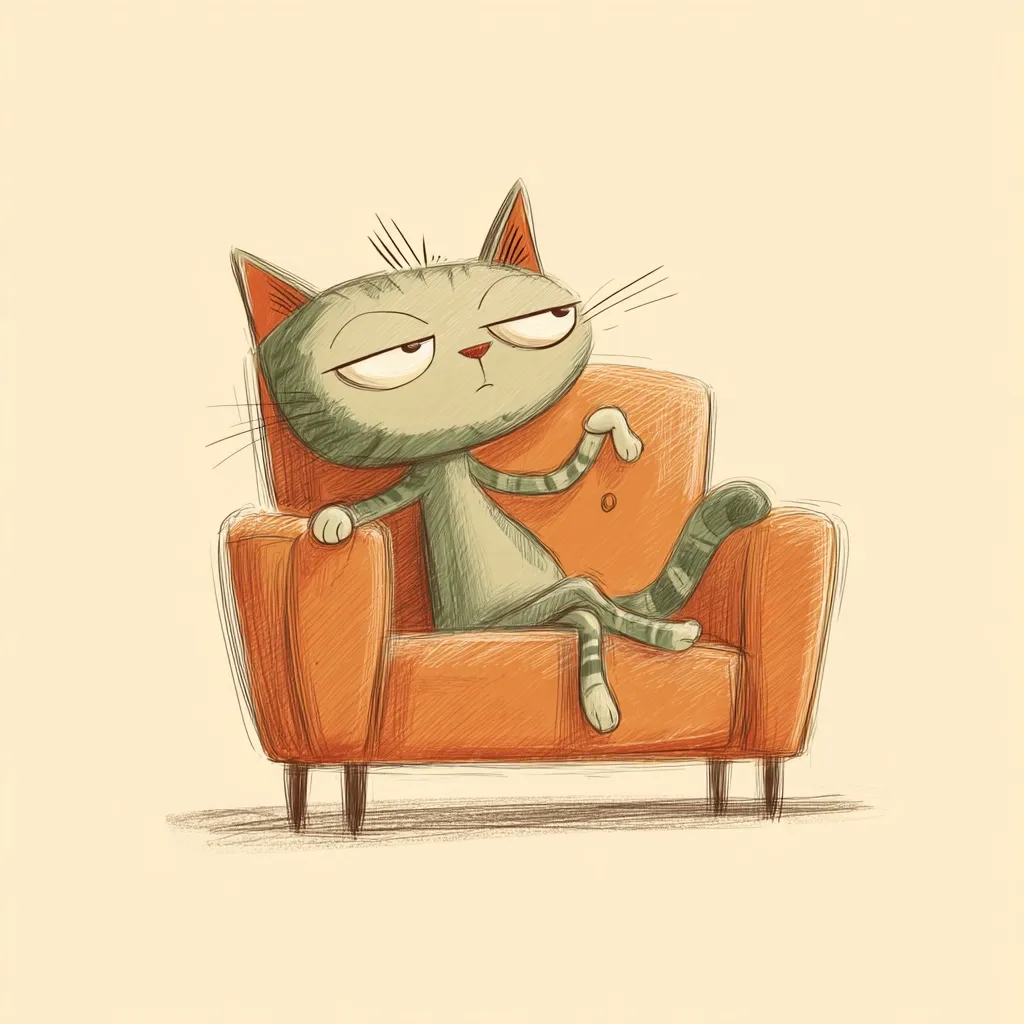 A cartoon illustration depicts a grey tabby cat lounging in an orange armchair.  The cat has a bored, slightly grumpy expression. Its posture is relaxed, one paw resting on the armrest, the other dangling. The style is whimsical, with visible pencil strokes and muted colors. The overall mood is one of comfortable apathy.