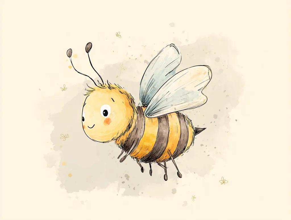 A charming illustration of a cartoon bumblebee in flight.  The bee is depicted with a cheerful expression, fuzzy body, and translucent wings.  It's rendered in a watercolor style with soft, muted colors against a beige background.  Tiny yellow flowers and watercolor splatters add to the whimsical, nature-inspired scene.