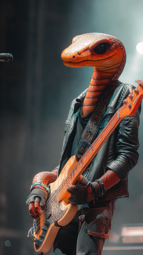A musician, their head transformed into a realistic orange snake, plays a bass guitar on stage.  The snake head is detailed, and the musician wears a black leather jacket and dark jeans. The bass guitar is light-colored with a patterned finish. The stage is dimly lit, focusing attention on the performer and their unique instrument. The image evokes a surreal and captivating performance.