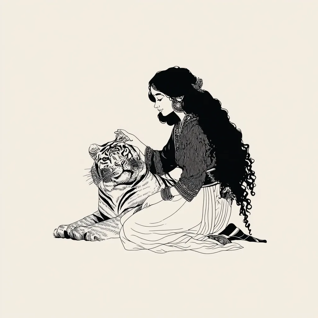 A black and white illustration depicts a young woman with long, flowing hair, adorned in an ornate, long-sleeved top and flowing skirt, gently stroking a tiger.  The woman sits gracefully beside the majestic animal, her expression serene and peaceful. The detailed linework emphasizes the textures of the clothing and the tiger's fur, creating a striking contrast against the light beige background.  The scene evokes a sense of calm and connection between human and animal.