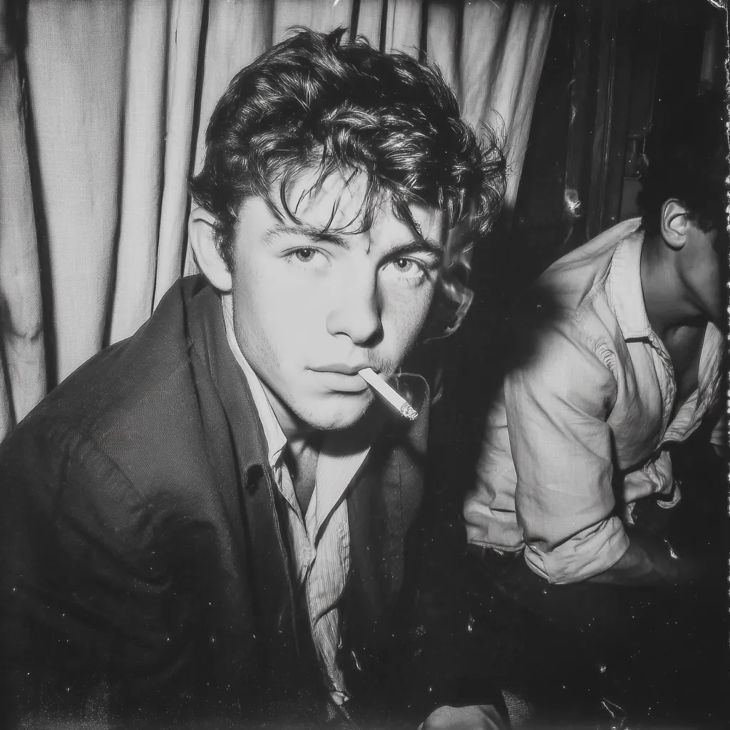 A black and white, close-up photograph captures a young man with dark, wavy hair, intensely gazing at the camera.  He's smoking a cigarette, his expression serious and slightly pensive.  He's dressed in a dark jacket over a lighter shirt.  In the blurred background, another young man in a light shirt is partially visible, creating a moody atmosphere suggestive of a dimly lit social gathering. The image has a vintage, grainy quality.