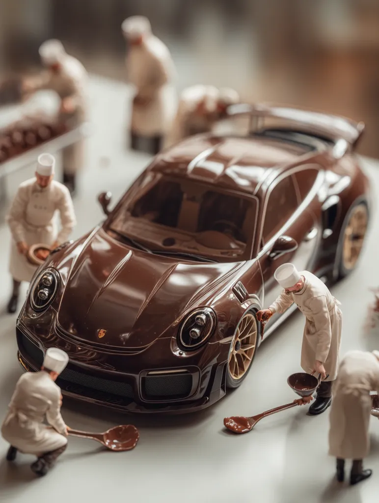 Miniature chefs in white coats meticulously craft a life-sized chocolate replica of a Porsche 911 GT2 RS.  The glossy brown car sits centrally, surrounded by chefs using spatulas and ladles to apply and shape the chocolate.  The scene is meticulously detailed, highlighting the craftsmanship involved in creating this edible masterpiece.  The background subtly blurs, drawing focus to the chocolate car and its creators.