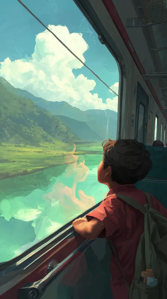 A young boy, wearing a red shirt and backpack, sits by a train window, gazing out at a breathtaking view.  Rolling green hills meet a calm, turquoise river reflecting the sunlight.  A large, fluffy white cloud drifts across a clear blue sky. The scene evokes a sense of peaceful journey and wonder.