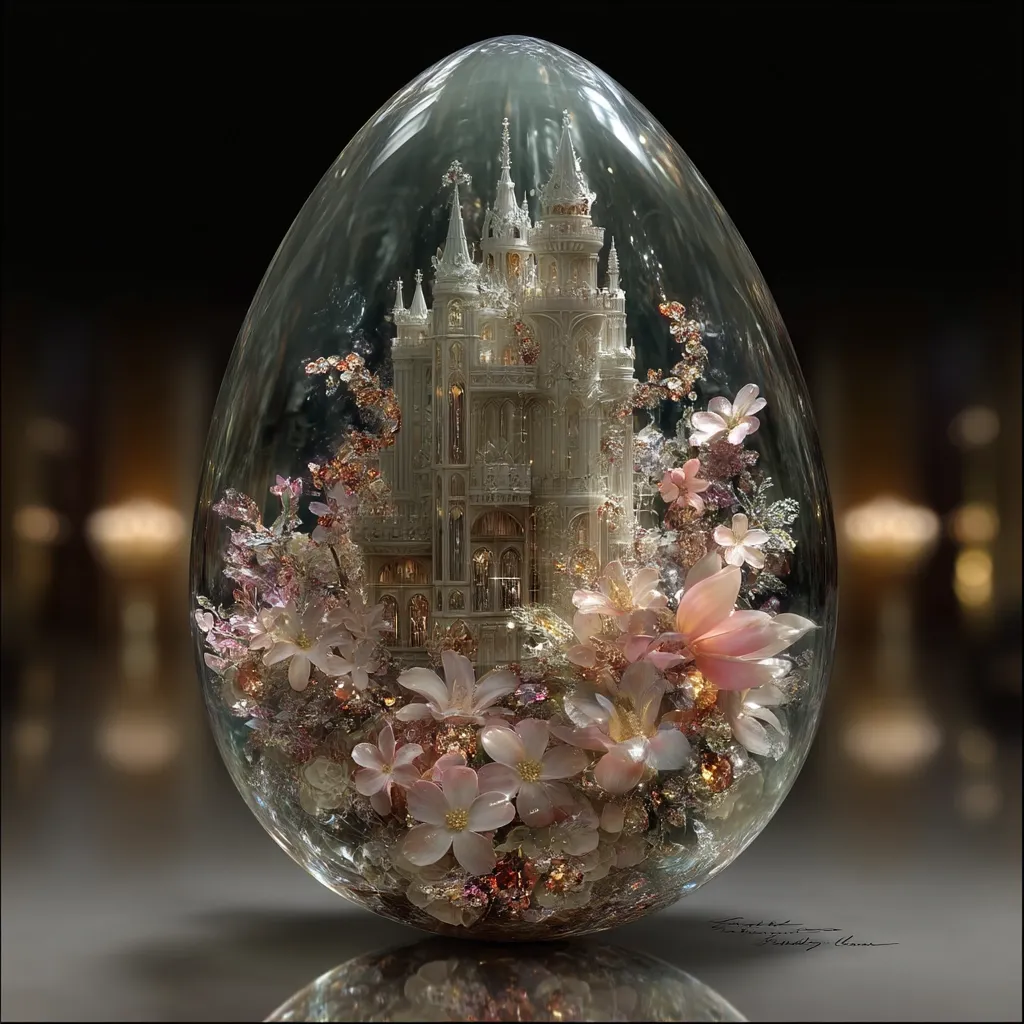 A delicate, ornate miniature castle sits nestled within a clear glass egg, surrounded by meticulously arranged pink and white flowers.  The castle's intricate details and the luminous quality of the flowers create a whimsical, fairytale-like scene.  The overall effect is one of exquisite artistry and delicate beauty.  The egg rests on a reflective surface, enhancing the magical atmosphere.