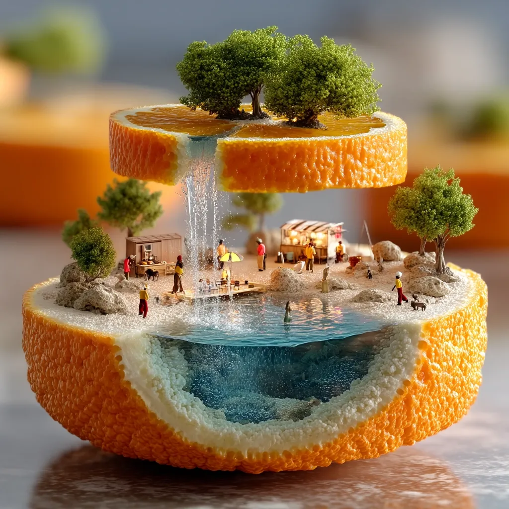A miniature world thrives within a hollowed-out orange.  Tiny people inhabit a beach scene complete with trees, a waterfall cascading from a second orange slice above, and small buildings. The scene is idyllic and surreal, a whimsical blend of nature and human activity contained within a vibrant citrus fruit.  The detailed miniature elements create a captivating contrast with the organic form of the orange.