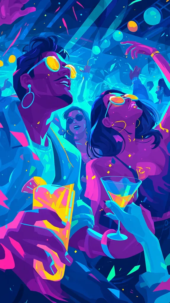 A vibrant, stylized illustration captures the energy of a nightclub scene. Two figures, a man and a woman, are central, both wearing sunglasses and enjoying cocktails.  Bold, neon colors—blues, purples, and pinks—dominate the image, creating a dynamic and lively atmosphere.  The surrounding crowd is a blur of movement and color, enhancing the feeling of a packed, exciting party. The artwork is characterized by sharp lines and geometric shapes.