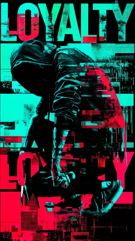 A stylized graphic design features the word "LOYALTY" in bold, teal and red lettering.  Overlaid is a hooded figure, crouched low, possibly a person, rendered in a similar color scheme with a glitch effect. The overall aesthetic is dark, edgy, and suggestive of cyberpunk or street art, emphasizing the themes of loyalty and possibly secrecy or rebellion.  The fragmented text and image create a dynamic, almost abstract composition.