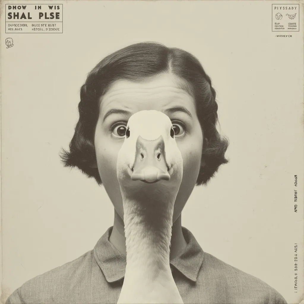 A sepia-toned photo features a woman's face, partially obscured by a goose's head and neck.  The woman's wide-eyed expression and the goose's prominent beak create a surreal juxtaposition.  The image has a vintage aesthetic, reminiscent of 1940s or 1950s photography.  Text in a stylized font is visible in the corners, adding to the retro feel.