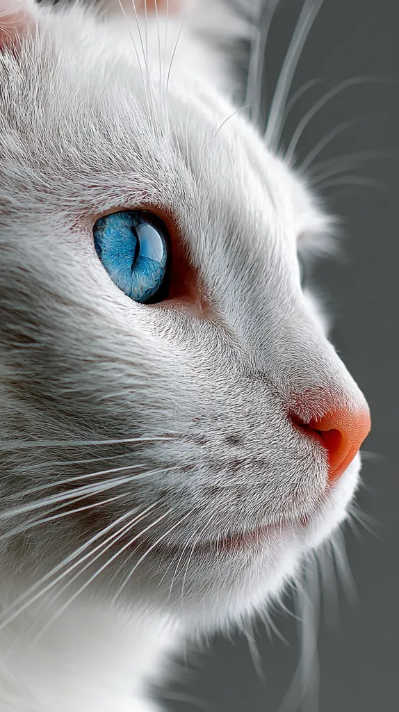 Close-up profile of a white cat with striking blue eyes.  The image focuses on the cat's soft fur, delicate whiskers, and vibrant eye color, creating a captivating portrait. The cat's nose is a soft pinkish-orange, contrasting beautifully against its white coat. The background is a muted grey, drawing attention to the feline subject.