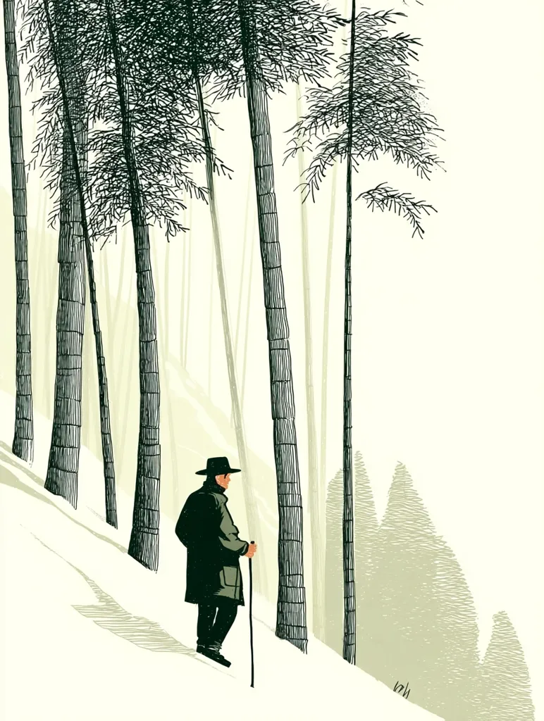 A man in a dark coat and hat walks with a cane along a snow-covered slope. Tall, slender bamboo trees line the path, their dark silhouettes contrasting with the light background.  A hazy, pale green landscape lies beyond the bamboo grove, suggesting a serene and distant view. The illustration has a minimalist, almost woodcut style.