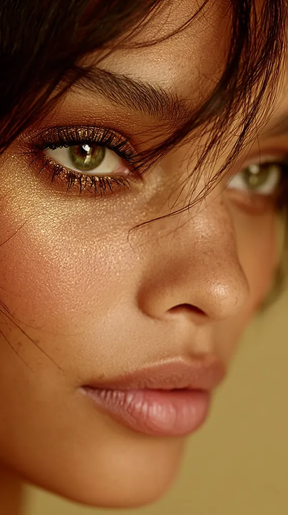 Close-up of a woman's face, showcasing her warm, golden-toned makeup.  Her eyes are accentuated with bronze eyeshadow and defined brows, complemented by a soft, nude lip.  Her skin has a subtle, luminous glow, and her dark hair partially obscures her face, creating a mysterious and alluring look. The overall effect is one of natural beauty enhanced by expertly applied makeup.