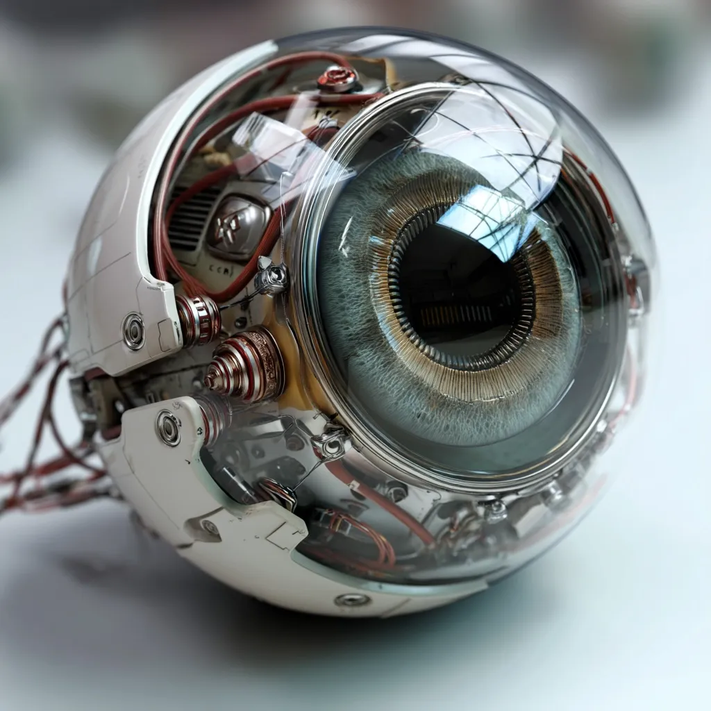 A close-up reveals a futuristic robotic eye, encased in a transparent spherical shell.  Intricate mechanical components and wiring are visible within the device's white casing, highlighting its complex internal structure. The artificial eye itself features a realistic, detailed iris and pupil, suggesting advanced technological capabilities. The image conveys a blend of science fiction and technological artistry.