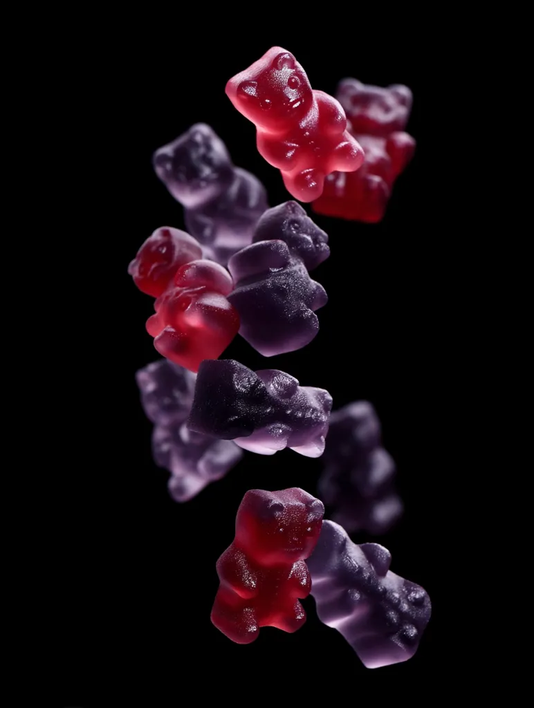 Multiple gummy bears, in shades of deep red and purple, are suspended against a black background.  They appear to be falling or floating, creating a dynamic and visually appealing image. The translucent texture of the candies is evident, highlighting their vibrant colors.  The overall effect is one of playful movement and deliciousness.