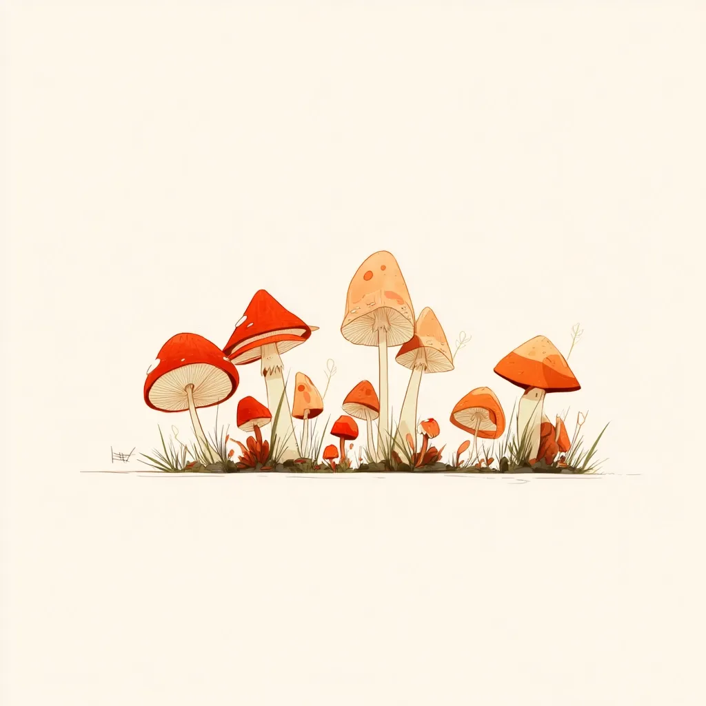 A whimsical illustration features a cluster of stylized mushrooms emerging from grass against a plain white background.  The mushrooms vary in size and shade of red and orange, with larger specimens dominating the center. Smaller mushrooms are scattered around the base of the larger ones, creating a visually appealing and charming scene. The style is reminiscent of children's book illustrations.